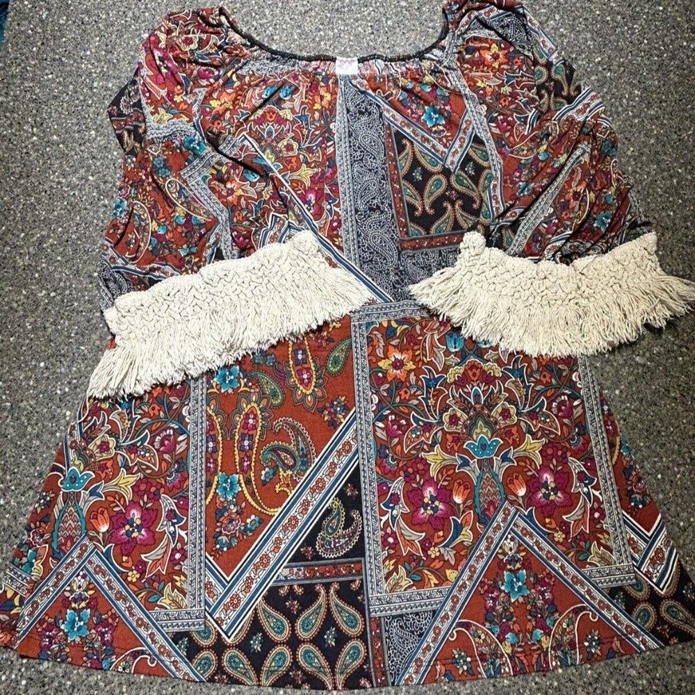 Pink Coconut Boutique Crochet Fringe Bell Sleeve Tunic Top Dress Size S (DR002)